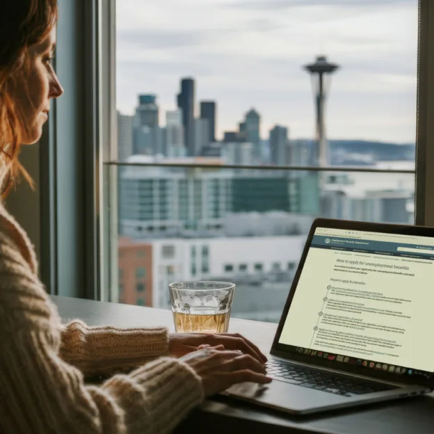 A woman on a laptop looking at the WA ESD website on how to apply for unemployment benefits