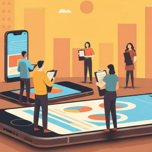 An illustration of people with clipboards standing on a mobile device
