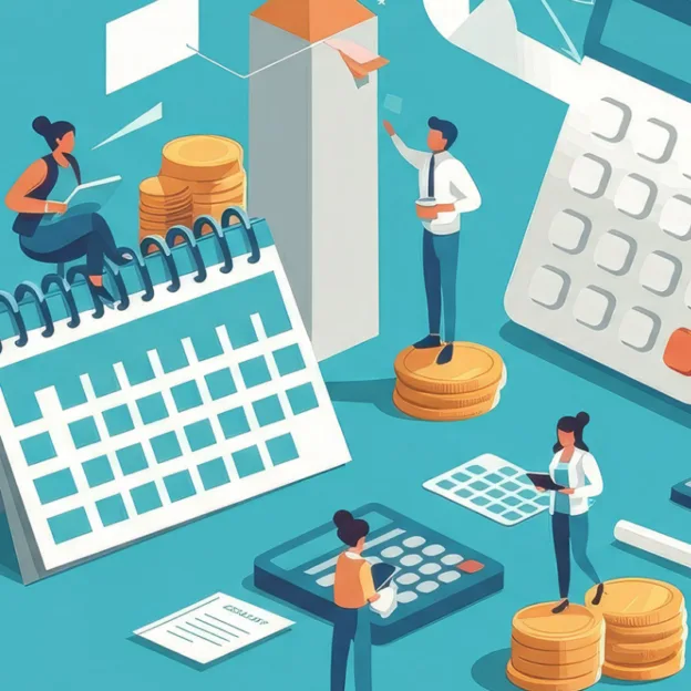 An illustration of people around various office objects like a calendar and coins