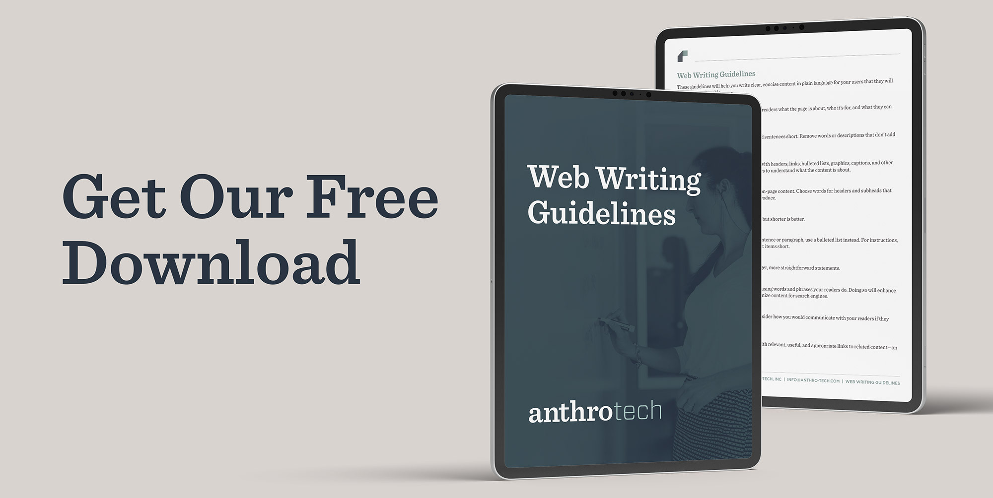 Get Our Free Download - Image of a tablet device with Anthro-Tech's Web Writing Guidelines Document