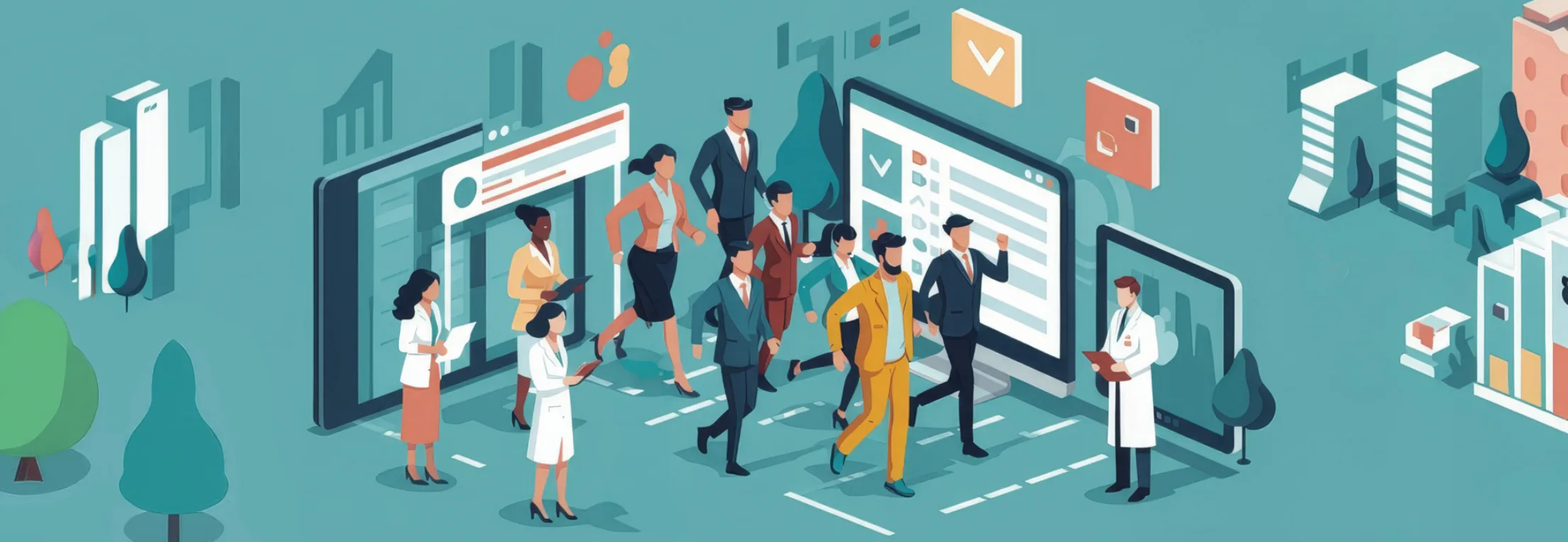 Illustration of office workers at the start of a footrace with researchers standing by with clipboards