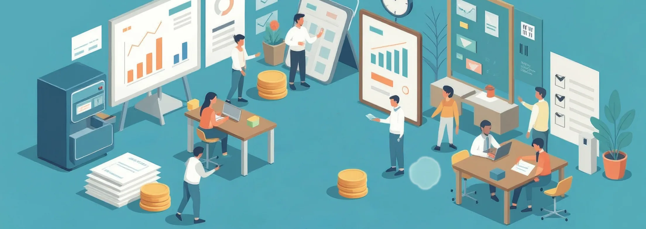 Illustration of office workers working on budget materials in an abstract landscape made of calculators and calendars.