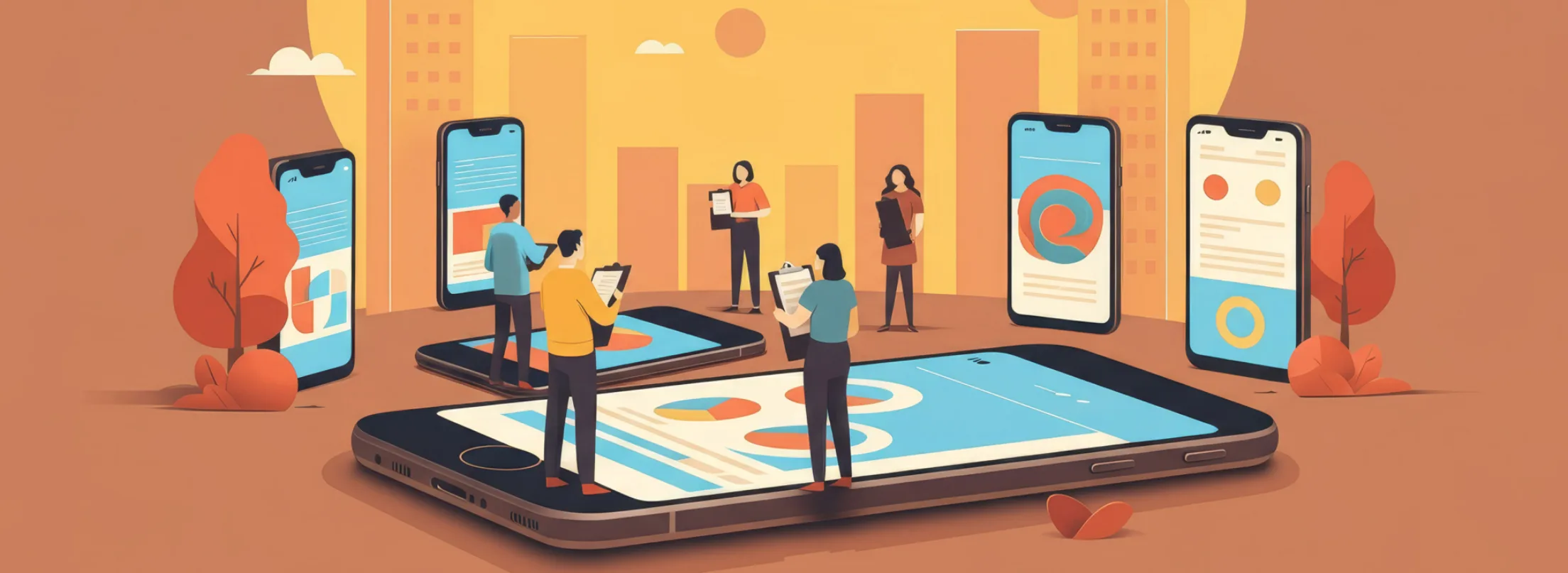 Illustration of designers and engineers working in an abstract landscape of mobile phones.
