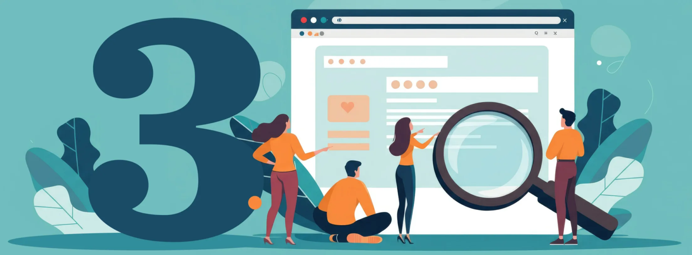 Illustration of several people examining a large website browser with the number 3 in the background.
