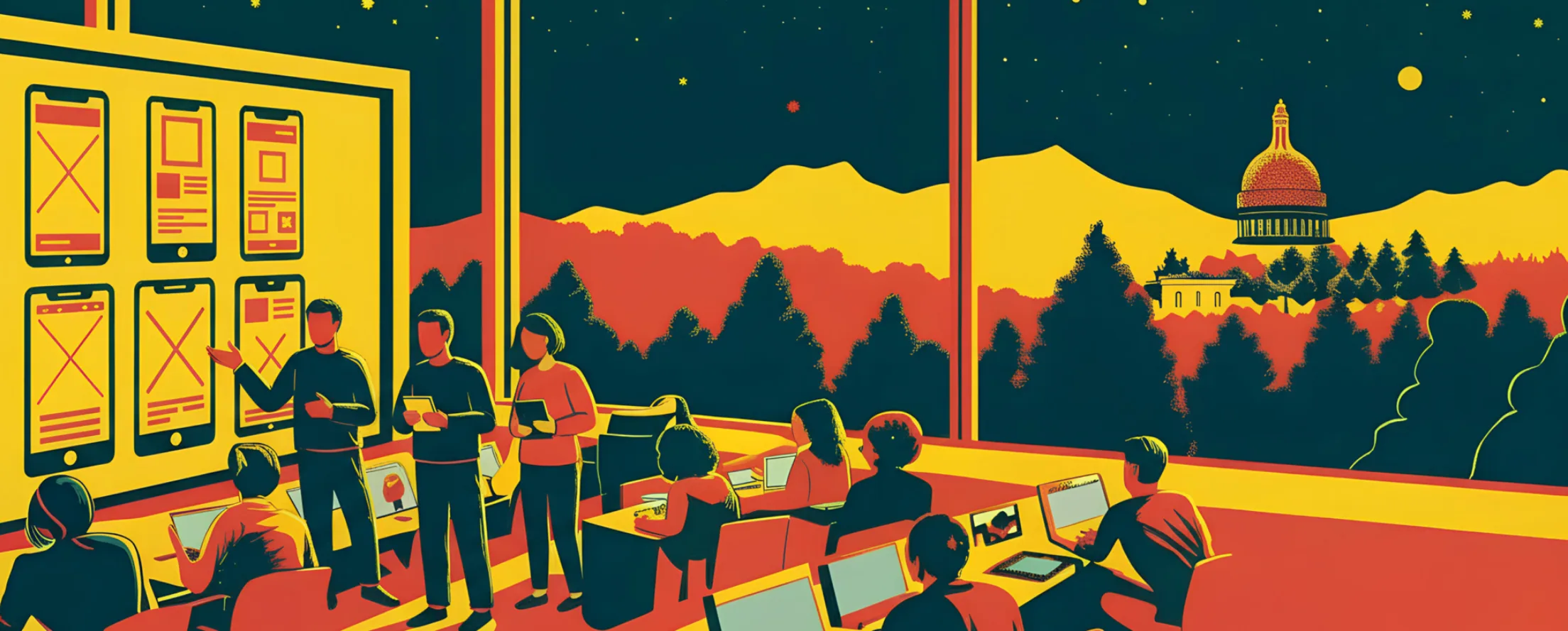 Illustration of office workers developing mobile phone prototypes with the Washington State Capitol in the background.