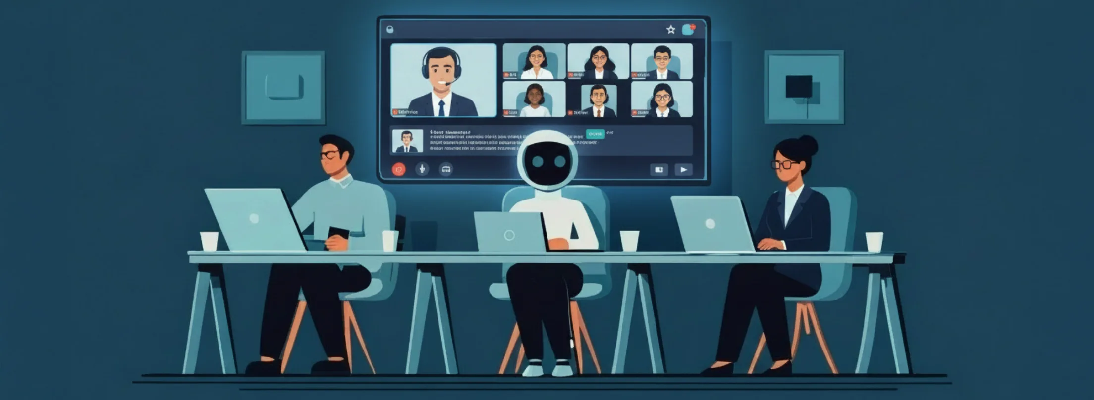 Two people and one robot working at a desk with laptops while a webinar plays in the background.