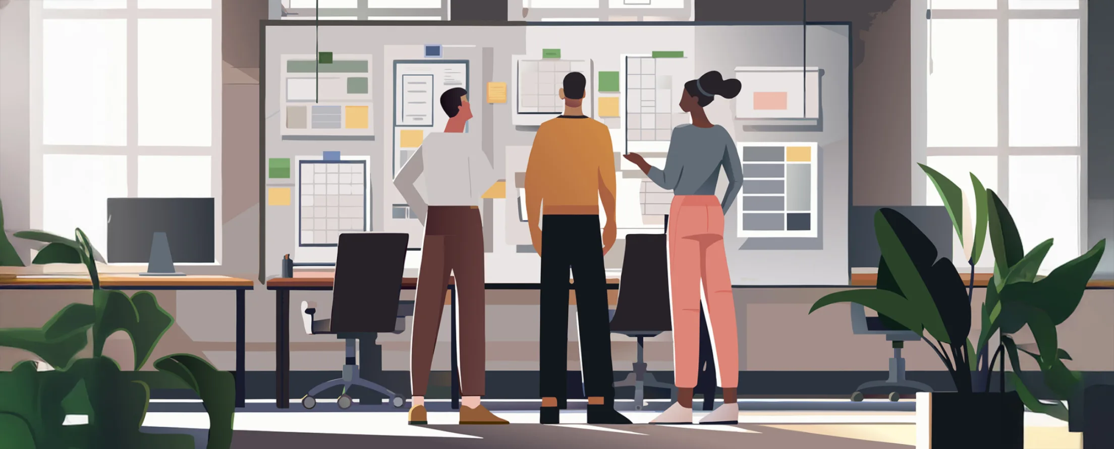 Three people viewing several order flow mockups on a whiteboard.