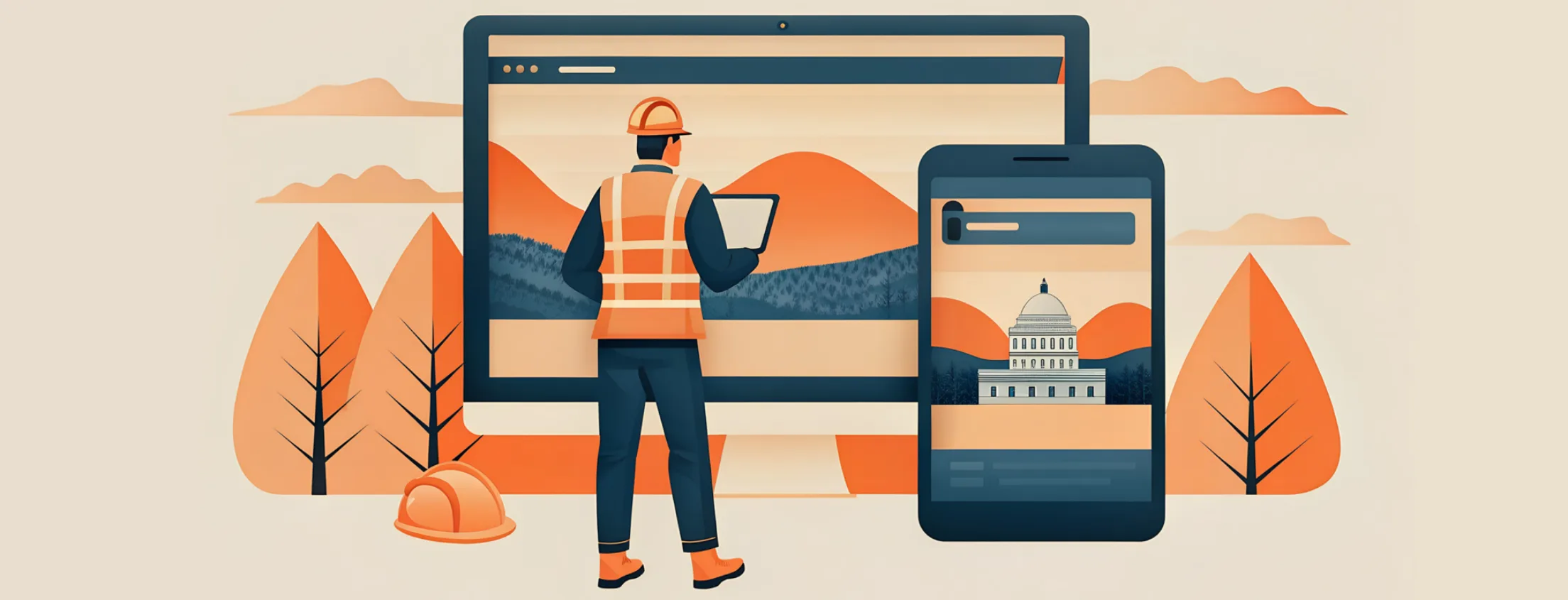 A construction worker standing in front of a large computer monitor and tablet device.