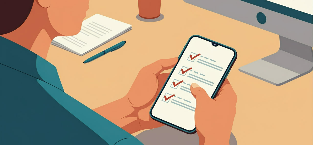 Illustration of a person holding an mobile phone with a checklist. 