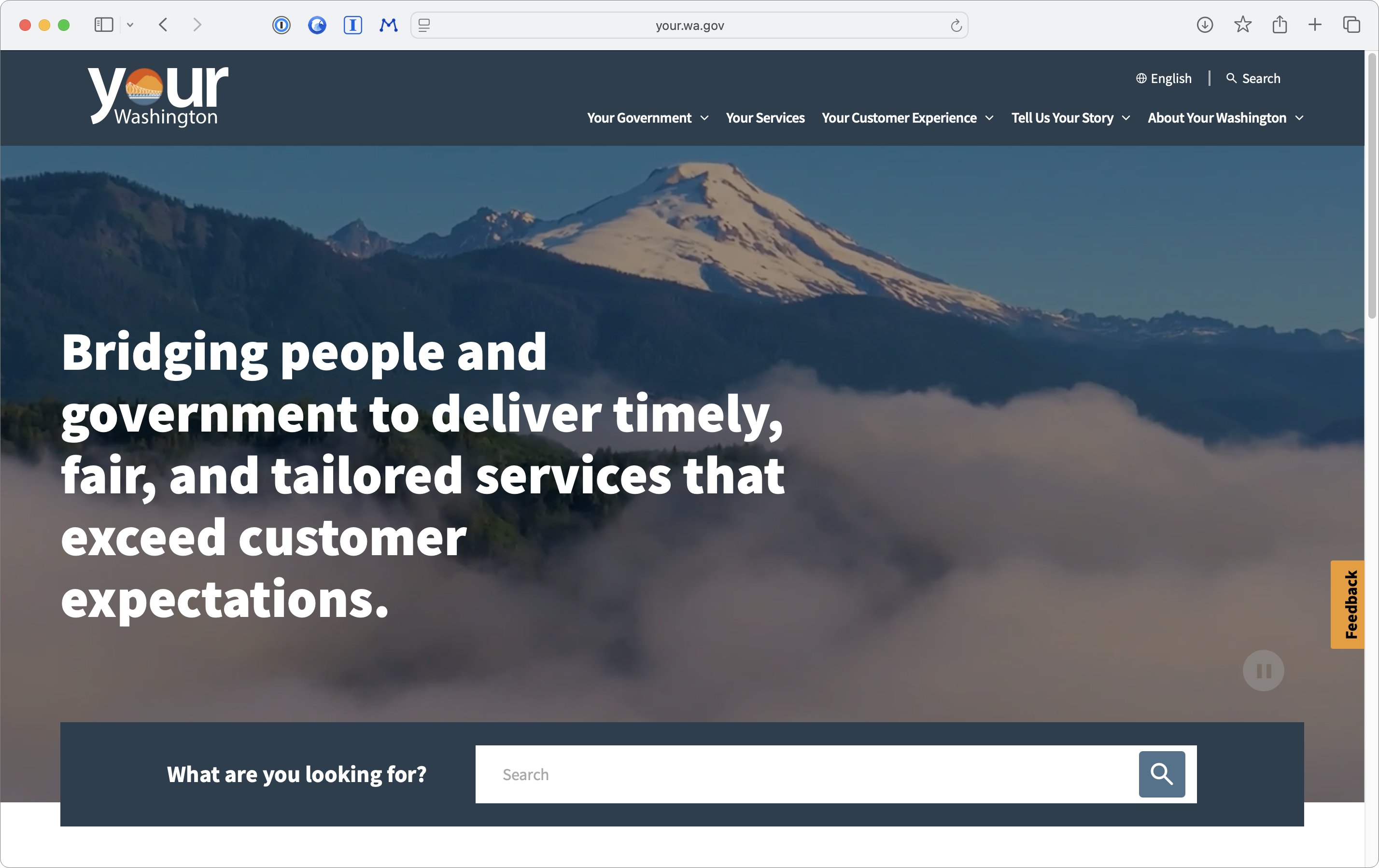 Screen capture of the Your Washington website with a photo of a mountain and the text: Bridging people and government to deliver timely, fair, and tailored services that exceed customer expectations.